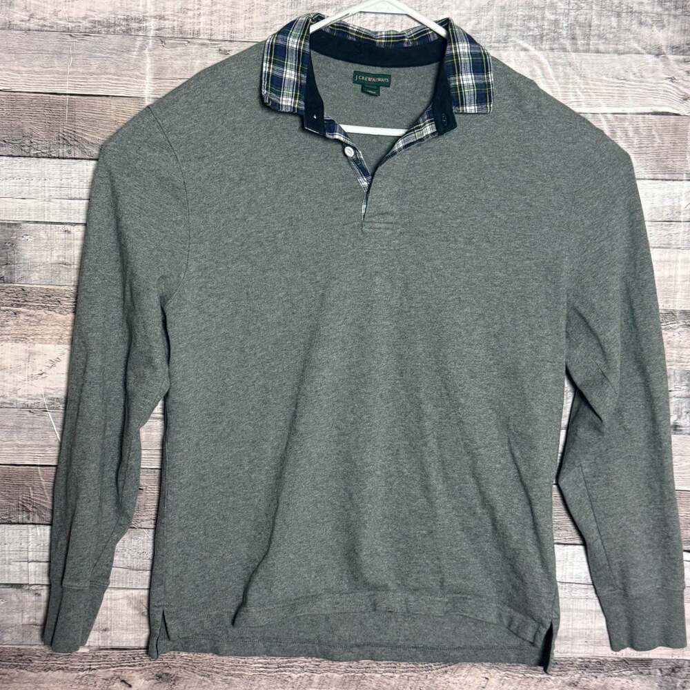 J Crew Always Rugby Polo Shirt Mens Medium Gray Long Sleeve Plaid Collar